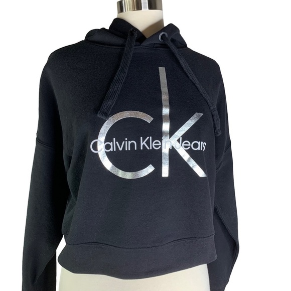 Calvin Klein Jeans Silver CK Spell Out Logo Black Hooded Factory Crop Sweatshirt - Picture 4 of 8